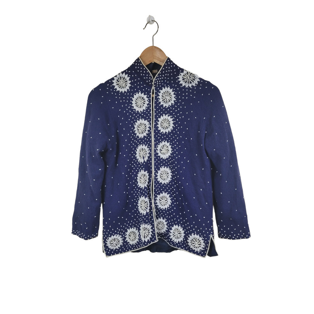 Vintage Women's Embroidered Beaded Blue Wool Cardigan Sz Med